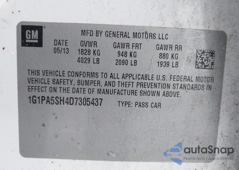 2013 Chevrolet Cruze Ls Auto from USA, damaged, VIN 1G1PA5SH4D7305437